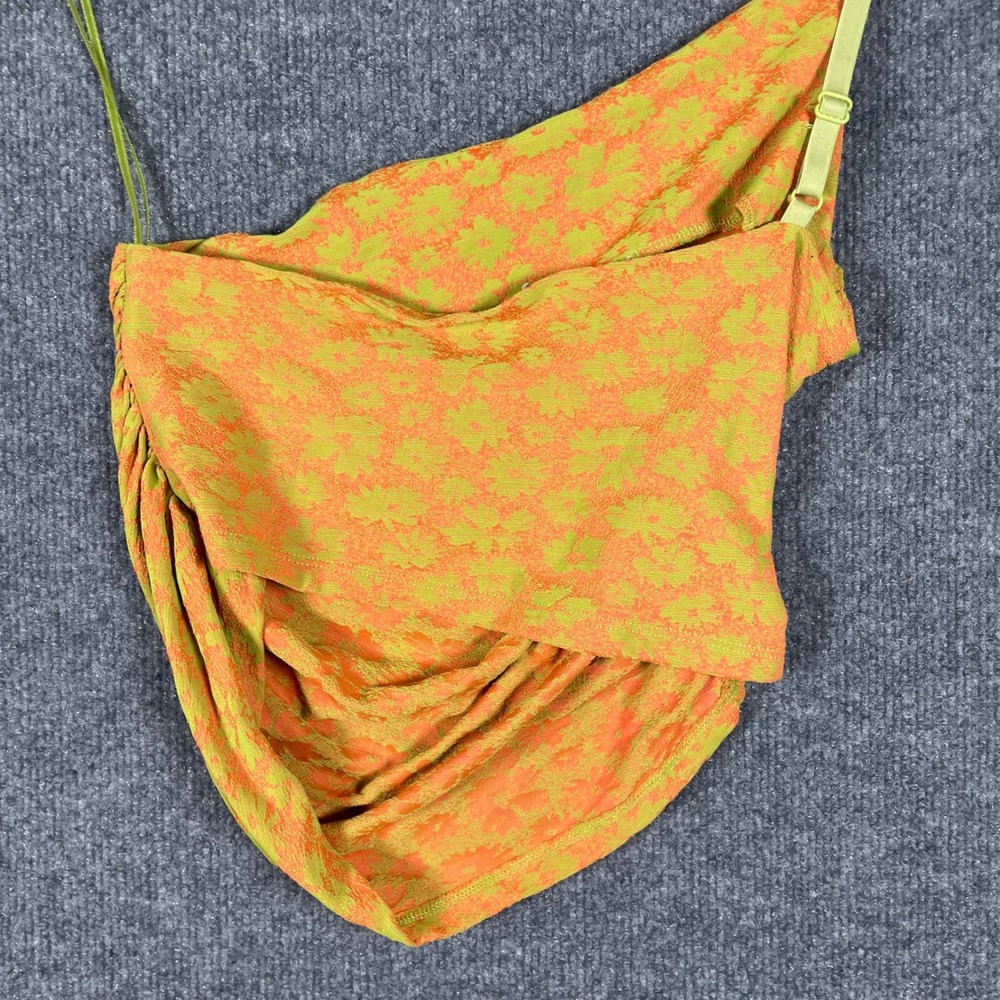 ZARA One Shoulder Ruched Crop Top Orange Green Abstract Print Size Medium - Picture 3 of 9
